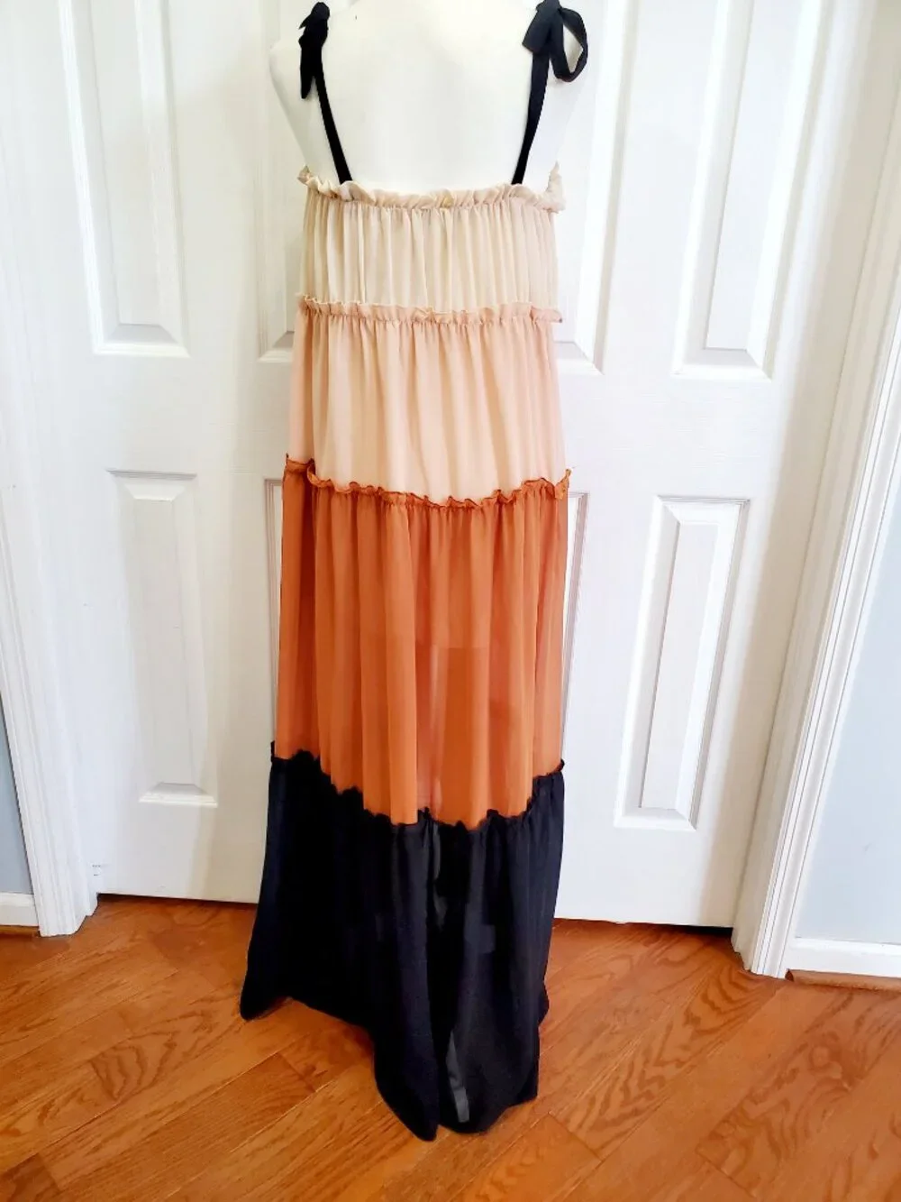 Fanco Tiered Ombré Maxi Dress Peach Pink Black Boho Cottagecore Dress M Romantic